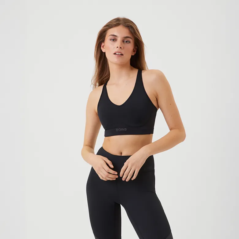 Borg Mid v Support Sports Bra, Black Beauty