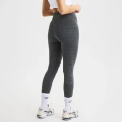 Logo Effect High Waist Tights, Grey Emblem Emboss