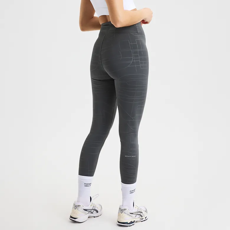 Logo Effect High Waist Tights, Grey Emblem Emboss