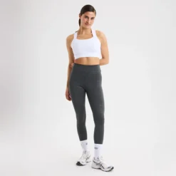 Logo Effect High Waist Tights, Grey Emblem Emboss