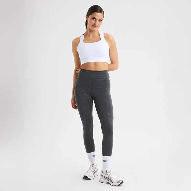 Logo Effect High Waist Tights, Grey Emblem Emboss
