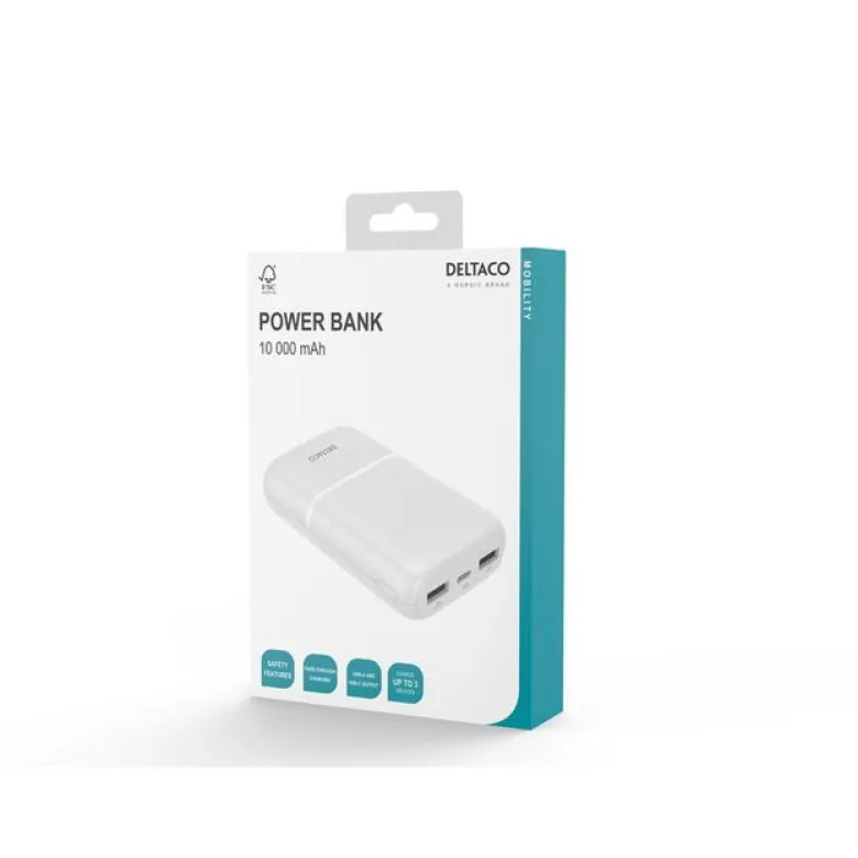 Power Bank 10 000 mAh, 2x USB-A, 1x USB-C, Vit