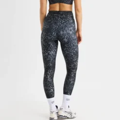 Printed High Waist Tights, Grey Leo Print