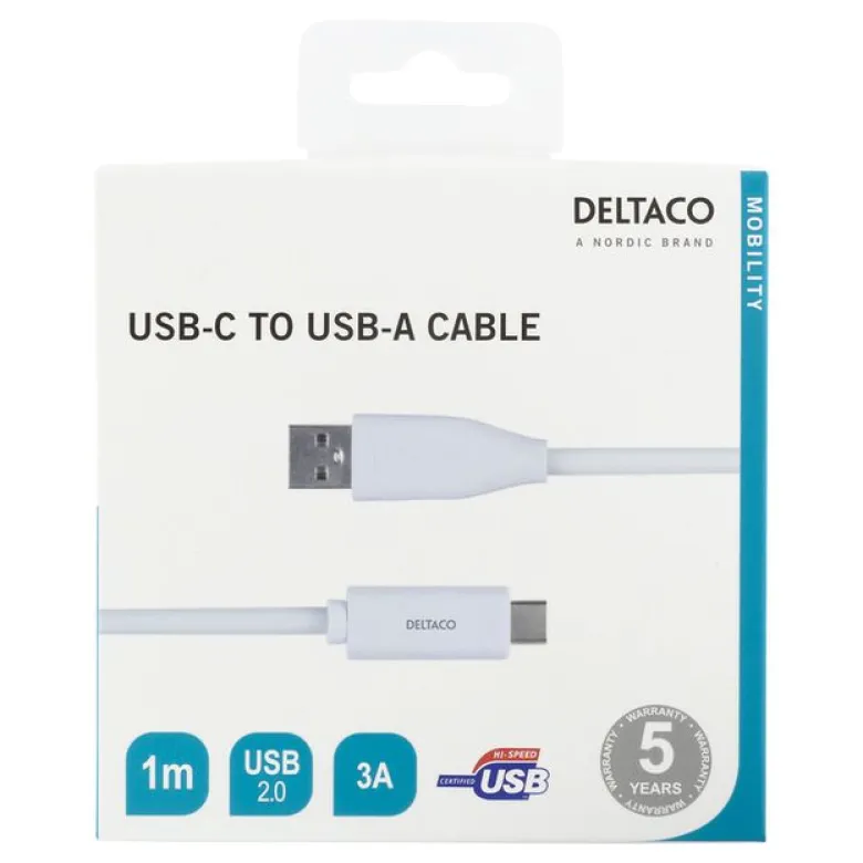 USB-A till USB-C Kabel, 1m 3A USB 2.0, Vit