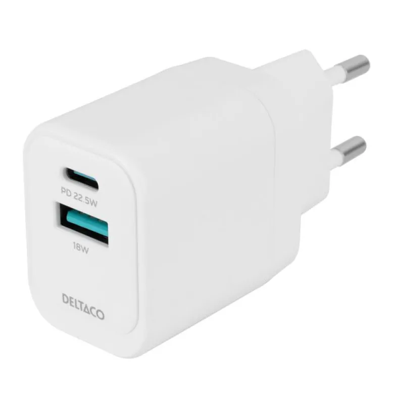 USB-Väggladdare 1x USB-A 18W, 1x USB-C PD 20W, Vit