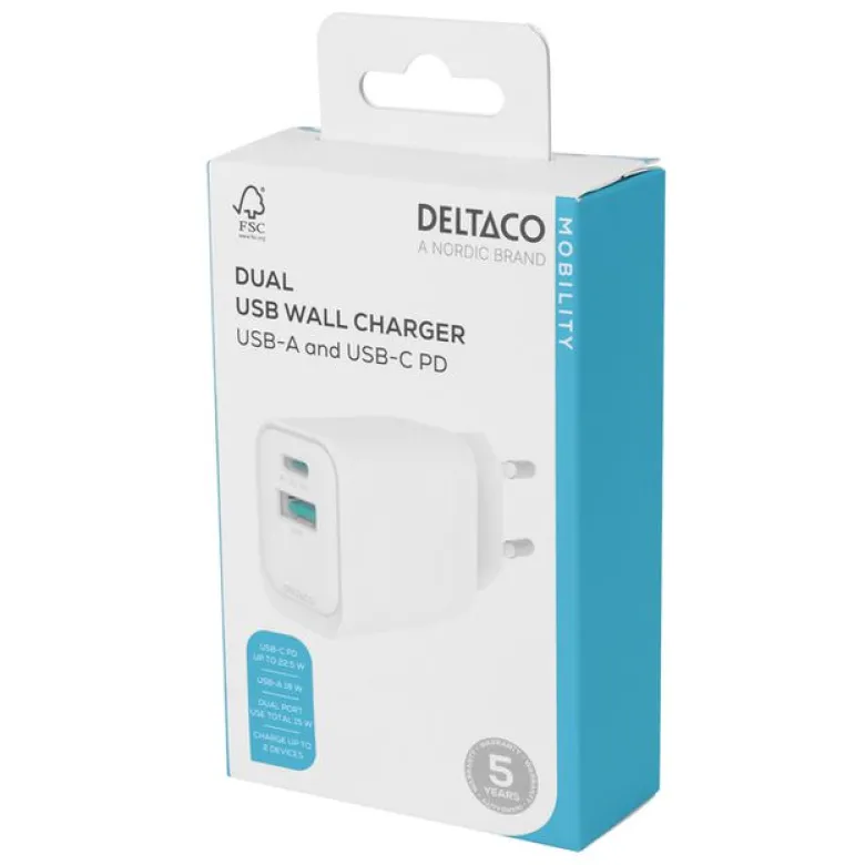 USB-Väggladdare 1x USB-A 18W, 1x USB-C PD 20W, Vit