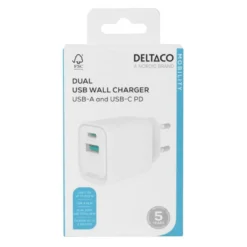 USB-Väggladdare 1x USB-A 18W, 1x USB-C PD 20W, Vit